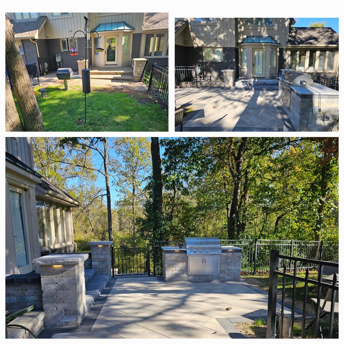 Before and after outdoor living space with stone columns in Michigan