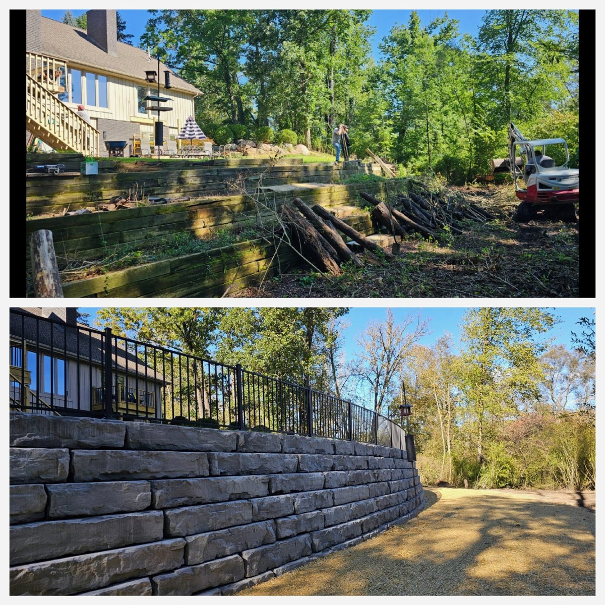 Before and after retaining wall lakefront